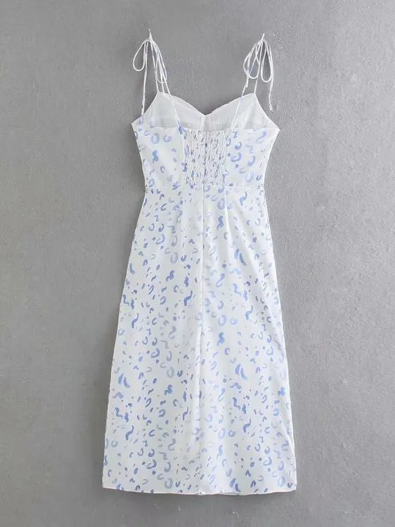 CM-DW052746 Women Vintage European Style Print Backless Camisole Midi Dress - White