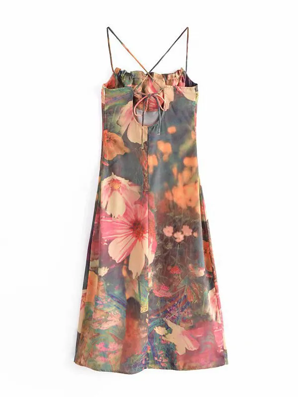 CM-DW060564 Women Casual European Style Lace Up Spaghetti Strap Sleeveless Slit Dress