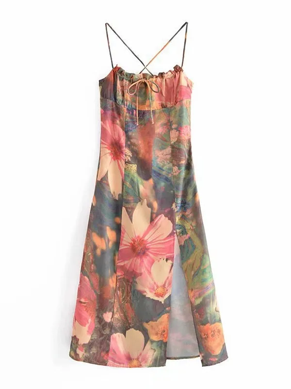 CM-DW060564 Women Casual European Style Lace Up Spaghetti Strap Sleeveless Slit Dress