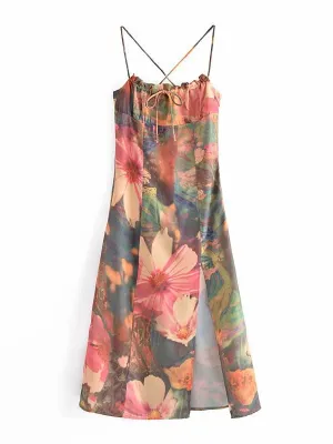 CM-DW060564 Women Casual European Style Lace Up Spaghetti Strap Sleeveless Slit Dress