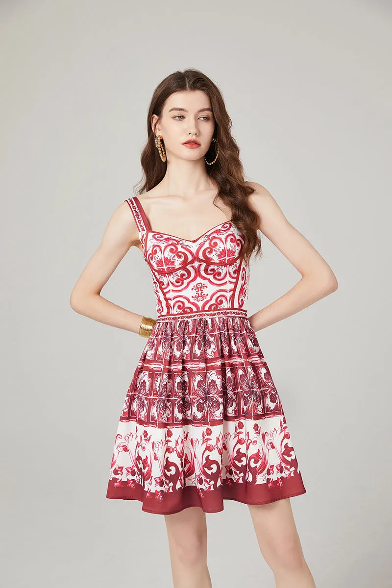 CM-DY000338 Women Elegant European Style Printing Sleeveless High Waist Slim Dress (Available in 2 colors)