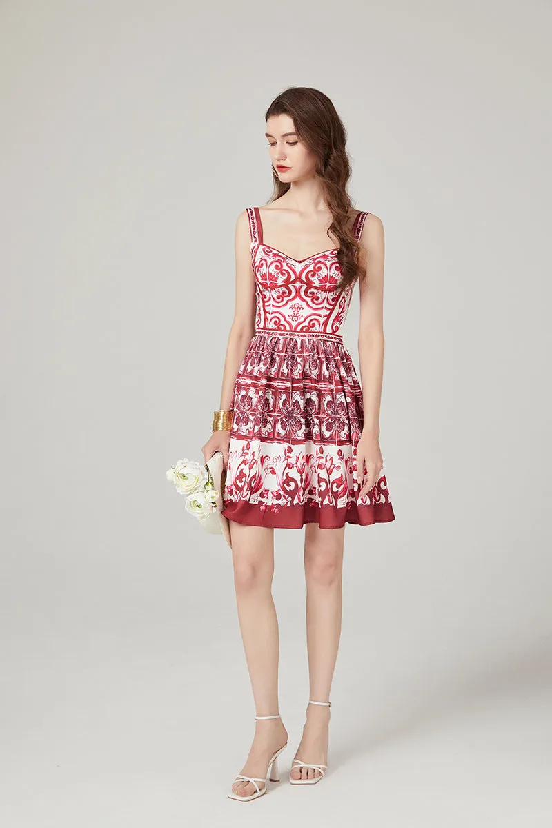 CM-DY000338 Women Elegant European Style Printing Sleeveless High Waist Slim Dress (Available in 2 colors)