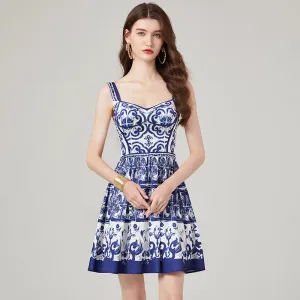 CM-DY000338 Women Elegant European Style Printing Sleeveless High Waist Slim Dress (Available in 2 colors)
