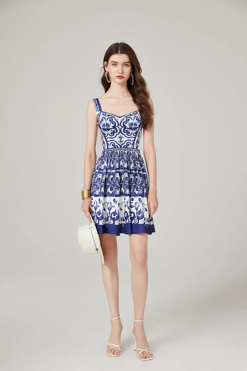 CM-DY000338 Women Elegant European Style Printing Sleeveless High Waist Slim Dress (Available in 2 colors)