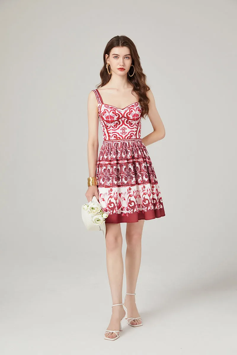 CM-DY000338 Women Elegant European Style Printing Sleeveless High Waist Slim Dress (Available in 2 colors)