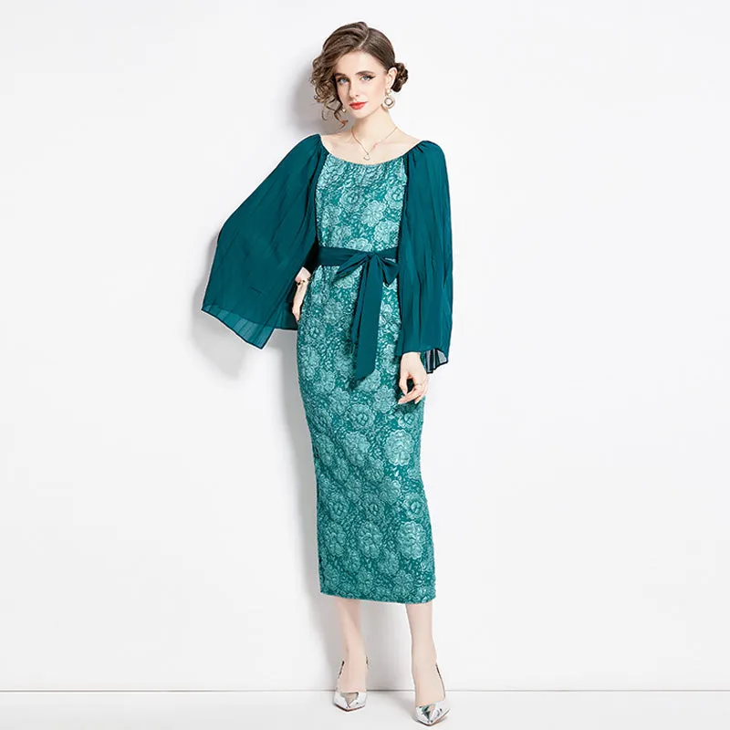 CM-DY002809 Women Retro European Style Pinched Waist Splice Crimp Sleeve Dress - Green