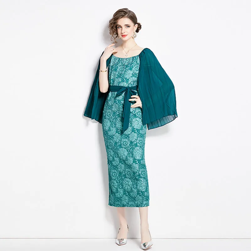 CM-DY002809 Women Retro European Style Pinched Waist Splice Crimp Sleeve Dress - Green