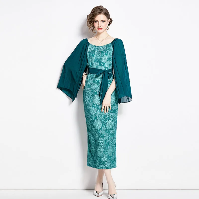 CM-DY002809 Women Retro European Style Pinched Waist Splice Crimp Sleeve Dress - Green