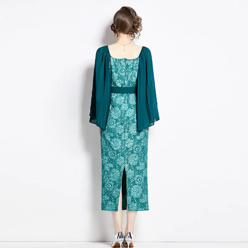 CM-DY002809 Women Retro European Style Pinched Waist Splice Crimp Sleeve Dress - Green