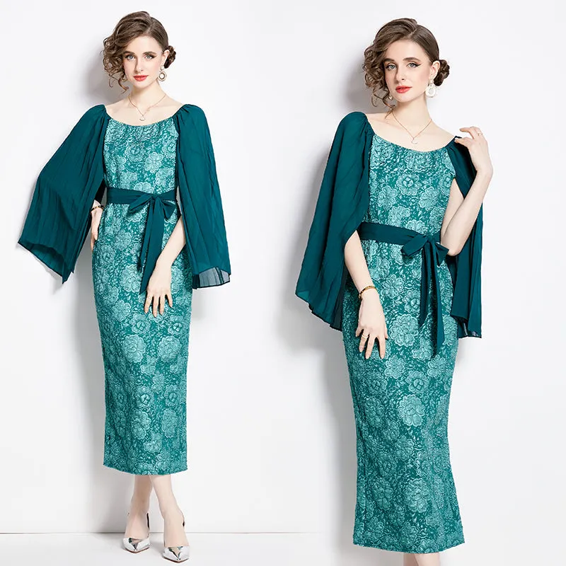CM-DY002809 Women Retro European Style Pinched Waist Splice Crimp Sleeve Dress - Green