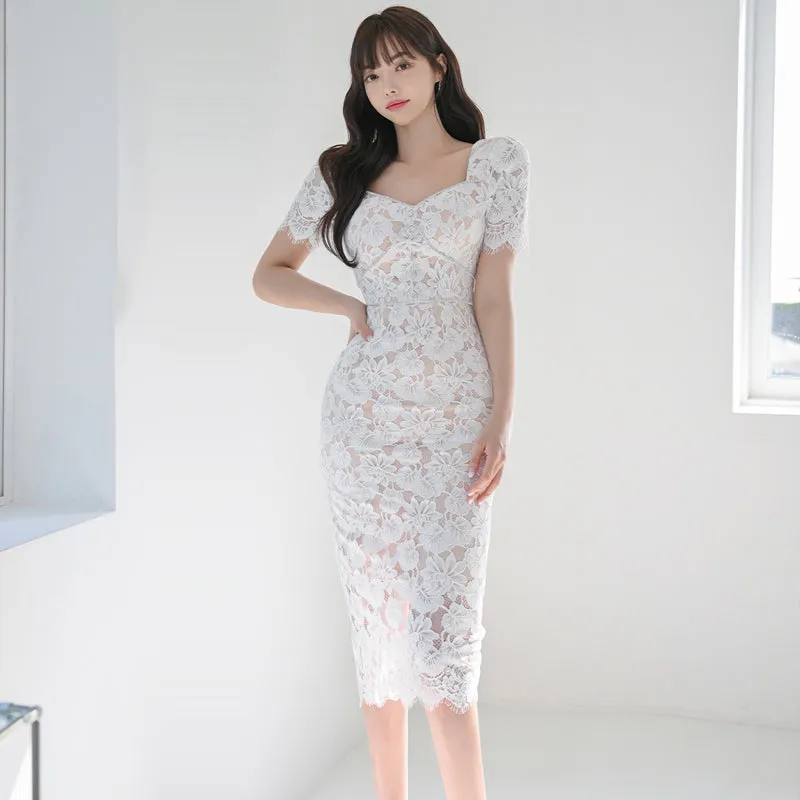CM-DY011897 Women Elegant Seoul Style Lace Rhinestone Slim Short Sleeve Midi Dress - White
