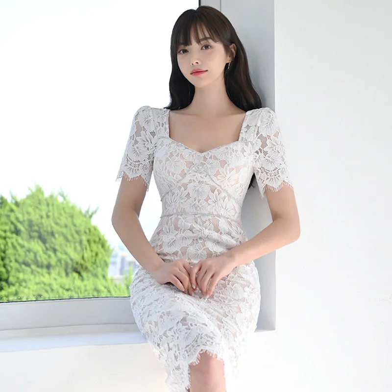 CM-DY011897 Women Elegant Seoul Style Lace Rhinestone Slim Short Sleeve Midi Dress - White