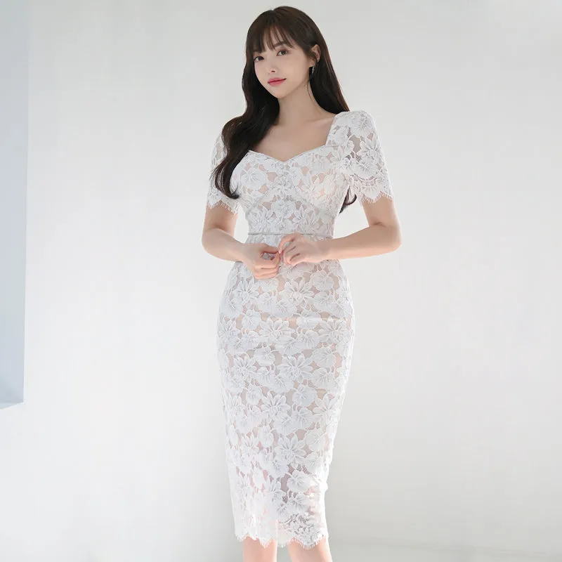 CM-DY011897 Women Elegant Seoul Style Lace Rhinestone Slim Short Sleeve Midi Dress - White