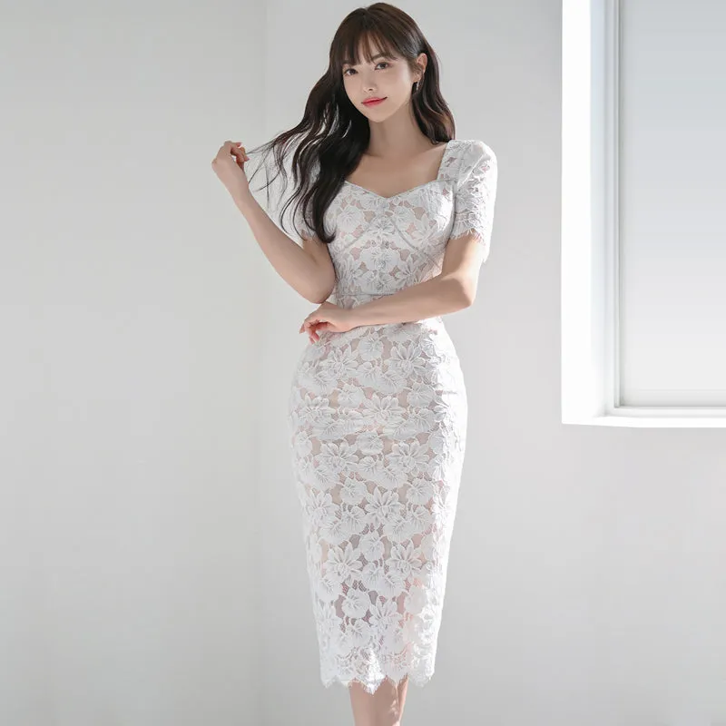 CM-DY011897 Women Elegant Seoul Style Lace Rhinestone Slim Short Sleeve Midi Dress - White