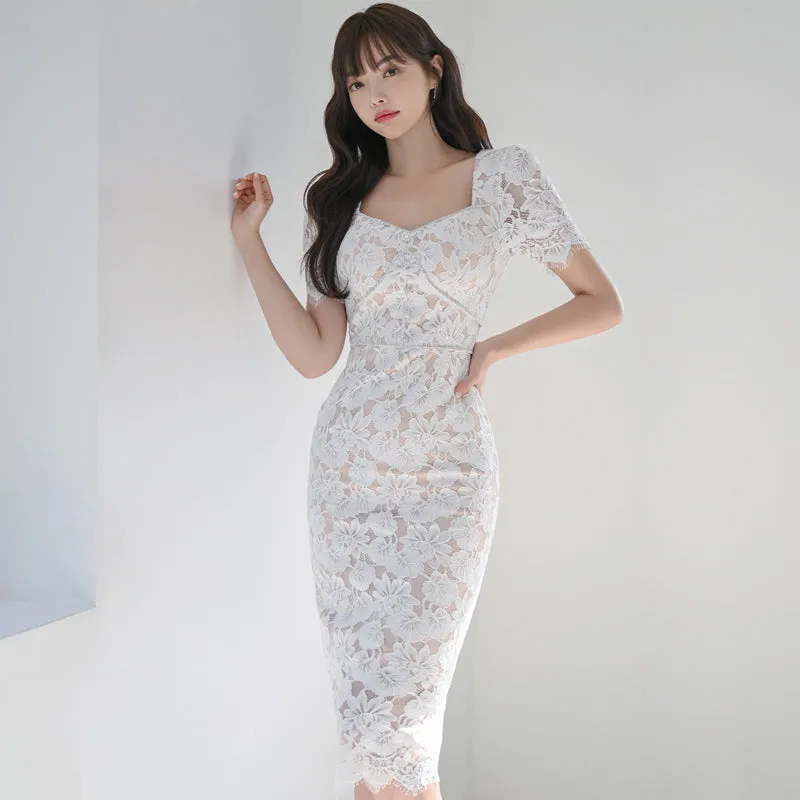 CM-DY011897 Women Elegant Seoul Style Lace Rhinestone Slim Short Sleeve Midi Dress - White