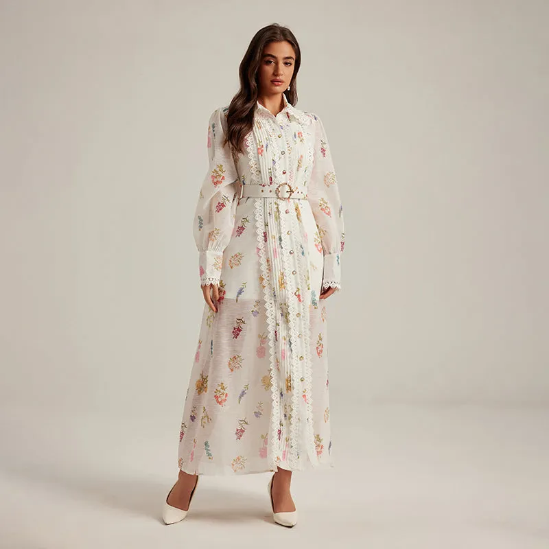 CM-DY024971 Women Elegant European Style Printing Stand Collar Long Sleeve Belted Dress