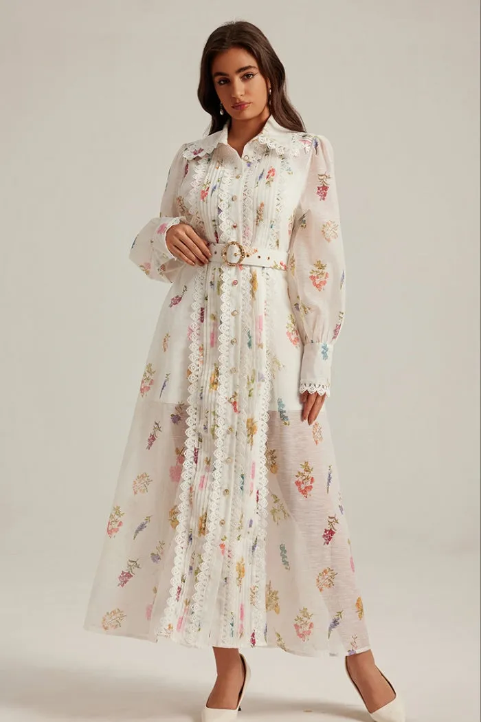 CM-DY024971 Women Elegant European Style Printing Stand Collar Long Sleeve Belted Dress