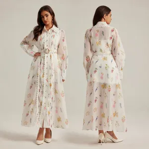 CM-DY024971 Women Elegant European Style Printing Stand Collar Long Sleeve Belted Dress