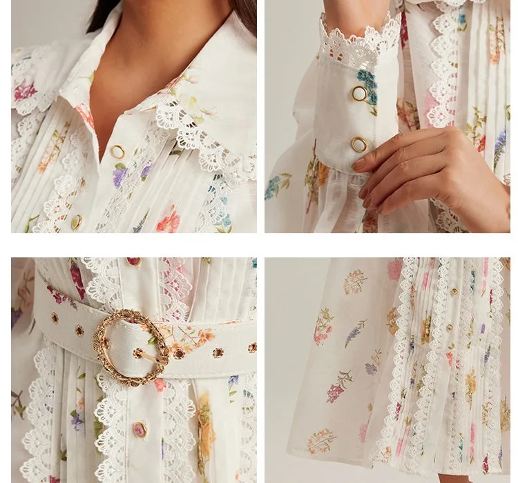 CM-DY024971 Women Elegant European Style Printing Stand Collar Long Sleeve Belted Dress