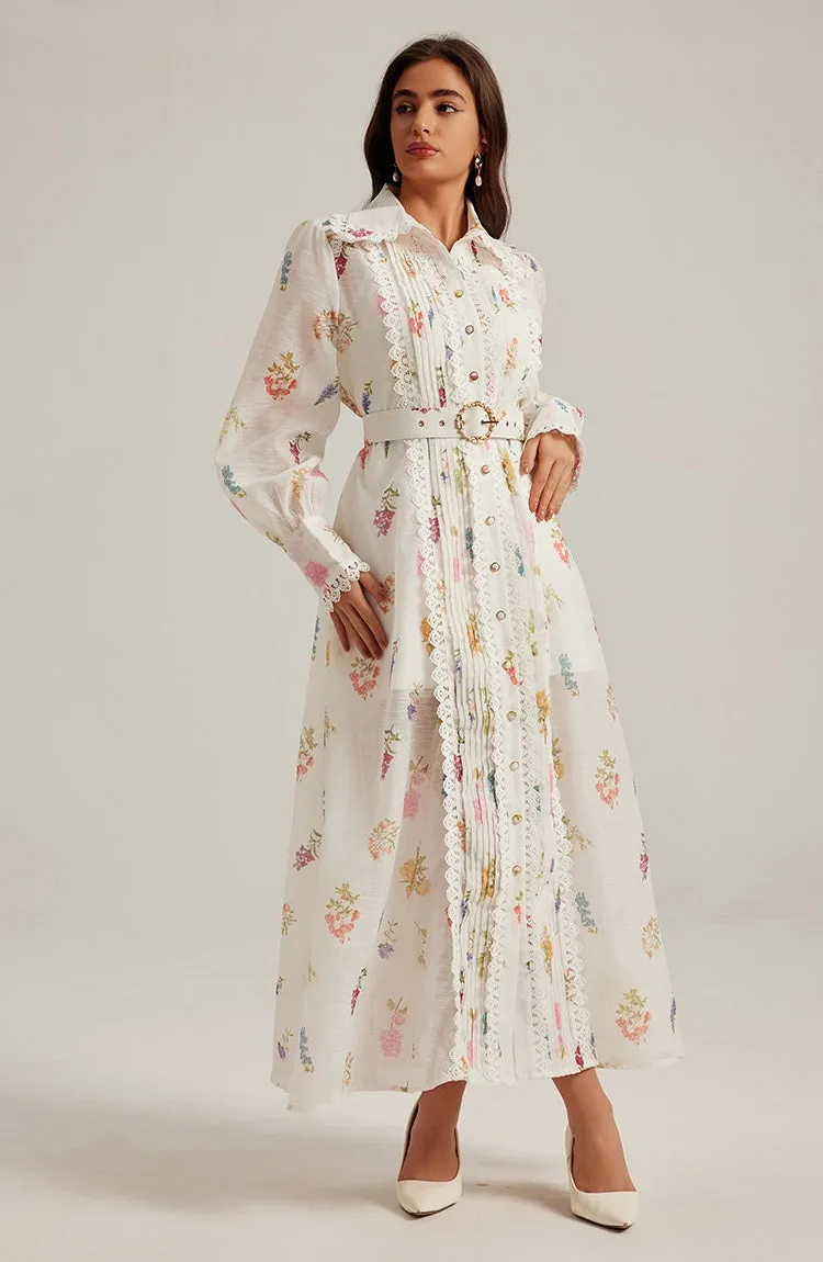 CM-DY024971 Women Elegant European Style Printing Stand Collar Long Sleeve Belted Dress