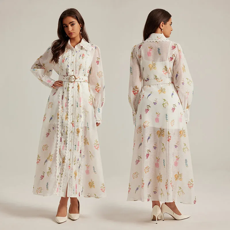 CM-DY024971 Women Elegant European Style Printing Stand Collar Long Sleeve Belted Dress