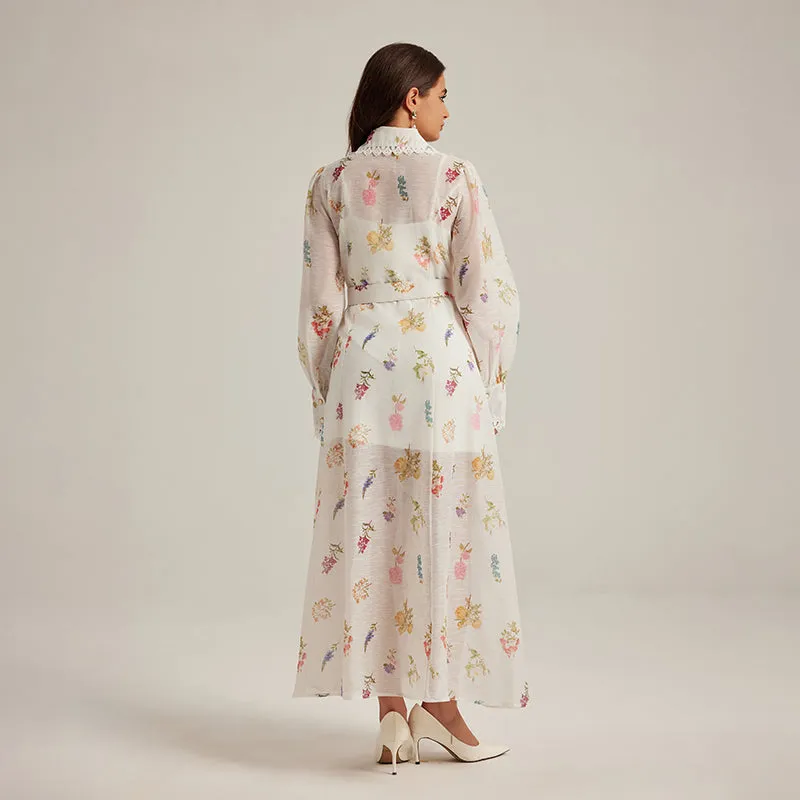 CM-DY024971 Women Elegant European Style Printing Stand Collar Long Sleeve Belted Dress