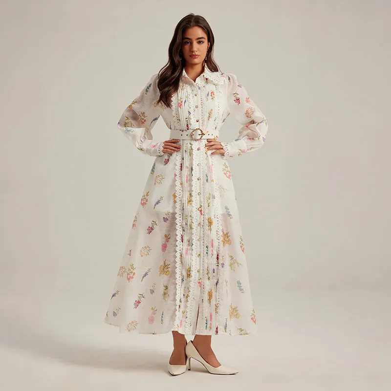 CM-DY024971 Women Elegant European Style Printing Stand Collar Long Sleeve Belted Dress