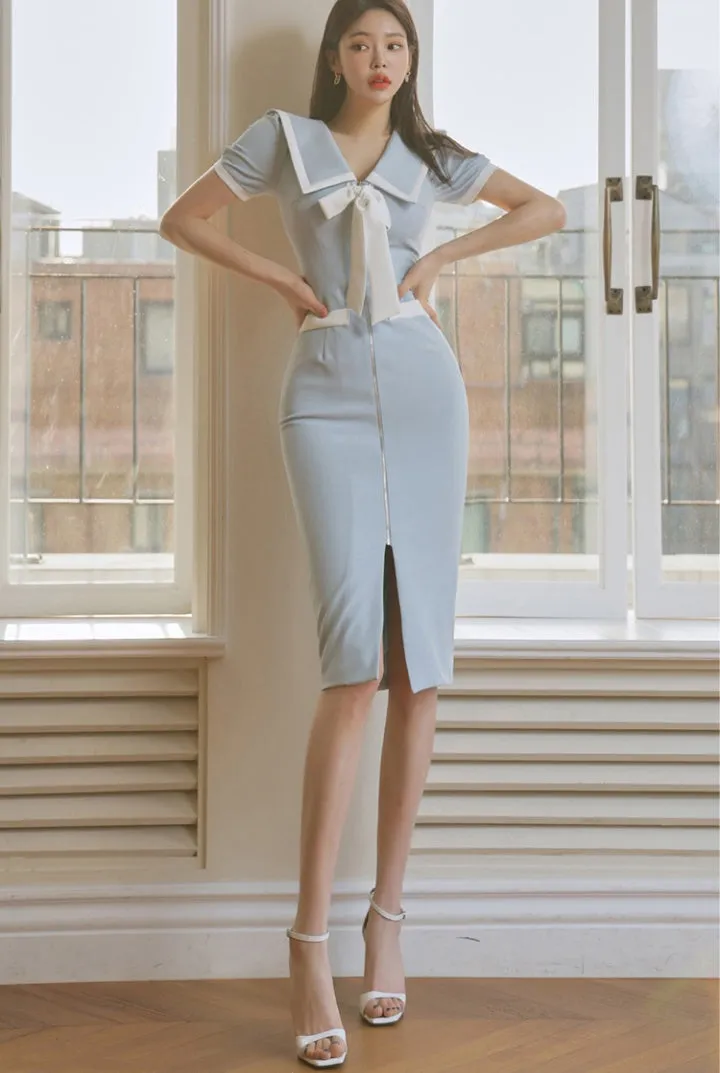 CM-DY060854 Women Casual Seoul Style Bow V-Neck Short Sleeve Slim Dress - Light Blue