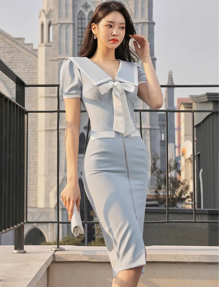 CM-DY060854 Women Casual Seoul Style Bow V-Neck Short Sleeve Slim Dress - Light Blue