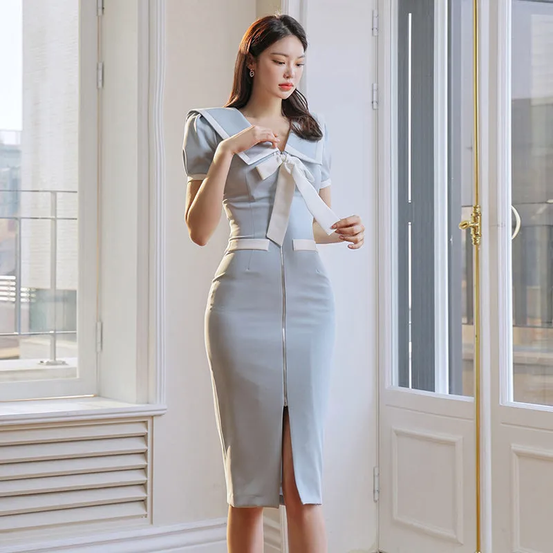 CM-DY060854 Women Casual Seoul Style Bow V-Neck Short Sleeve Slim Dress - Light Blue