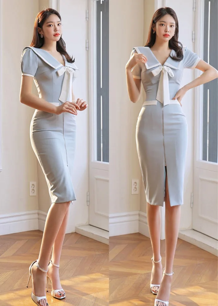 CM-DY060854 Women Casual Seoul Style Bow V-Neck Short Sleeve Slim Dress - Light Blue