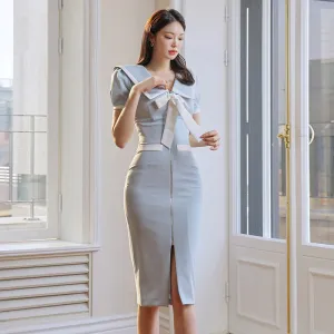 CM-DY060854 Women Casual Seoul Style Bow V-Neck Short Sleeve Slim Dress - Light Blue