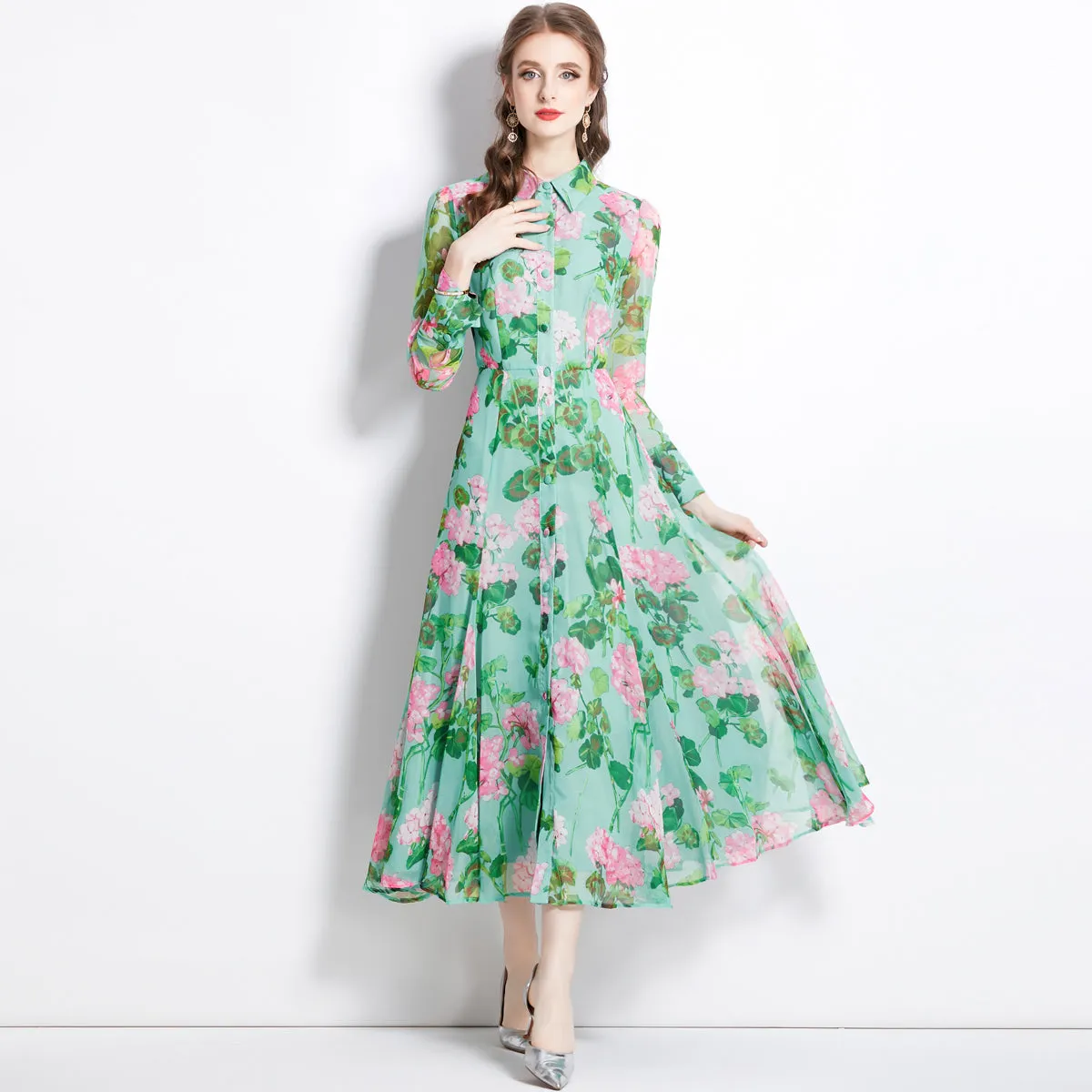 CM-DY082371 Women Elegant European Style Long Sleeve Shirt Collar Single-Breasted Dress
