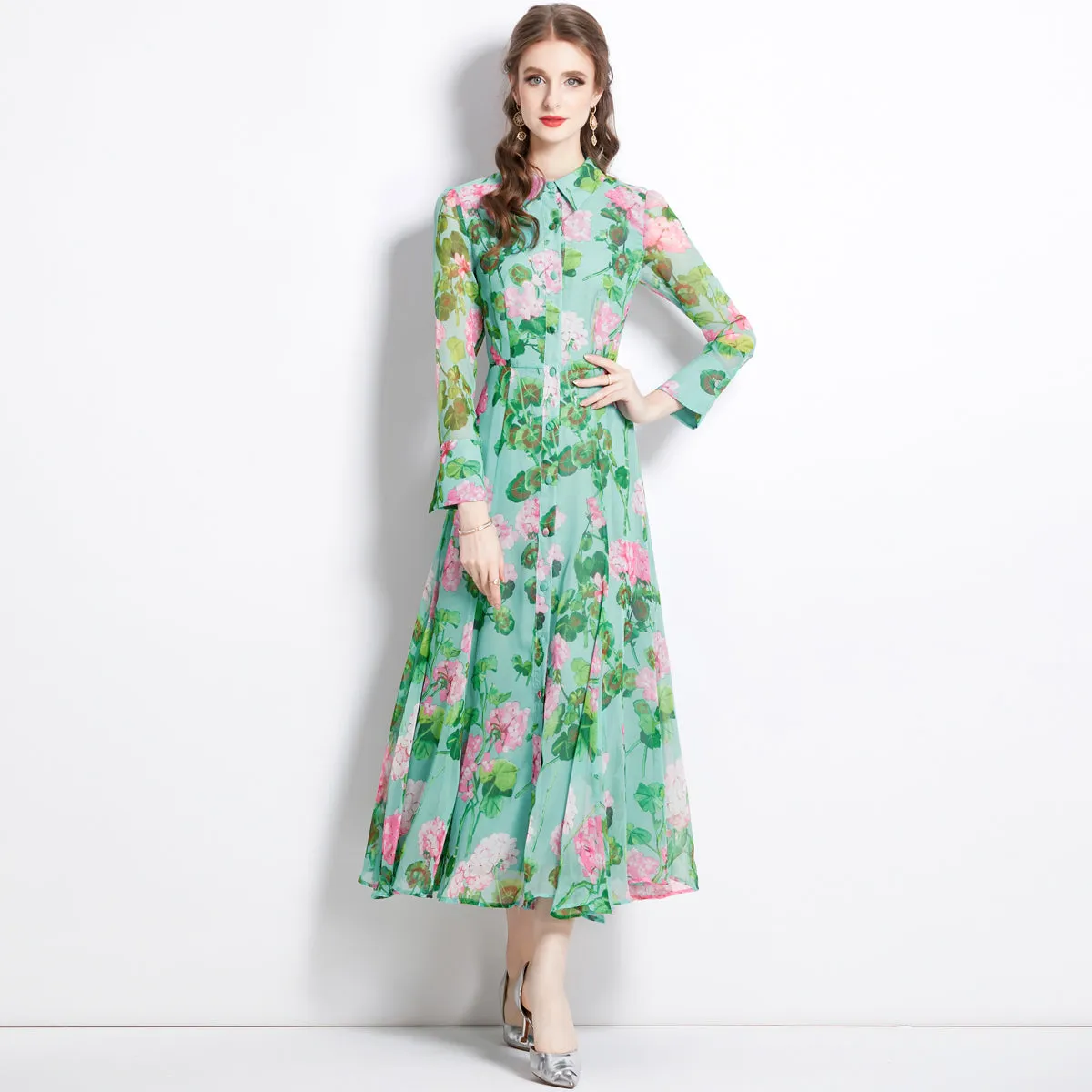 CM-DY082371 Women Elegant European Style Long Sleeve Shirt Collar Single-Breasted Dress