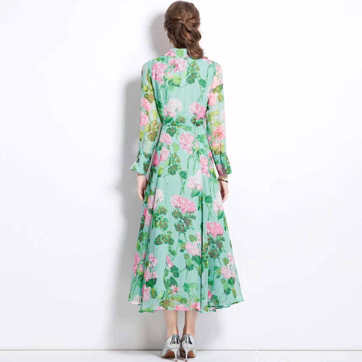CM-DY082371 Women Elegant European Style Long Sleeve Shirt Collar Single-Breasted Dress
