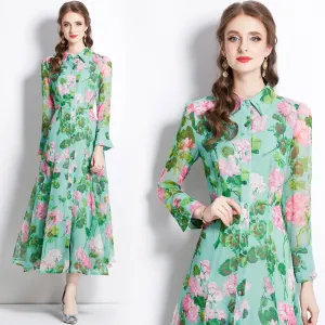 CM-DY082371 Women Elegant European Style Long Sleeve Shirt Collar Single-Breasted Dress