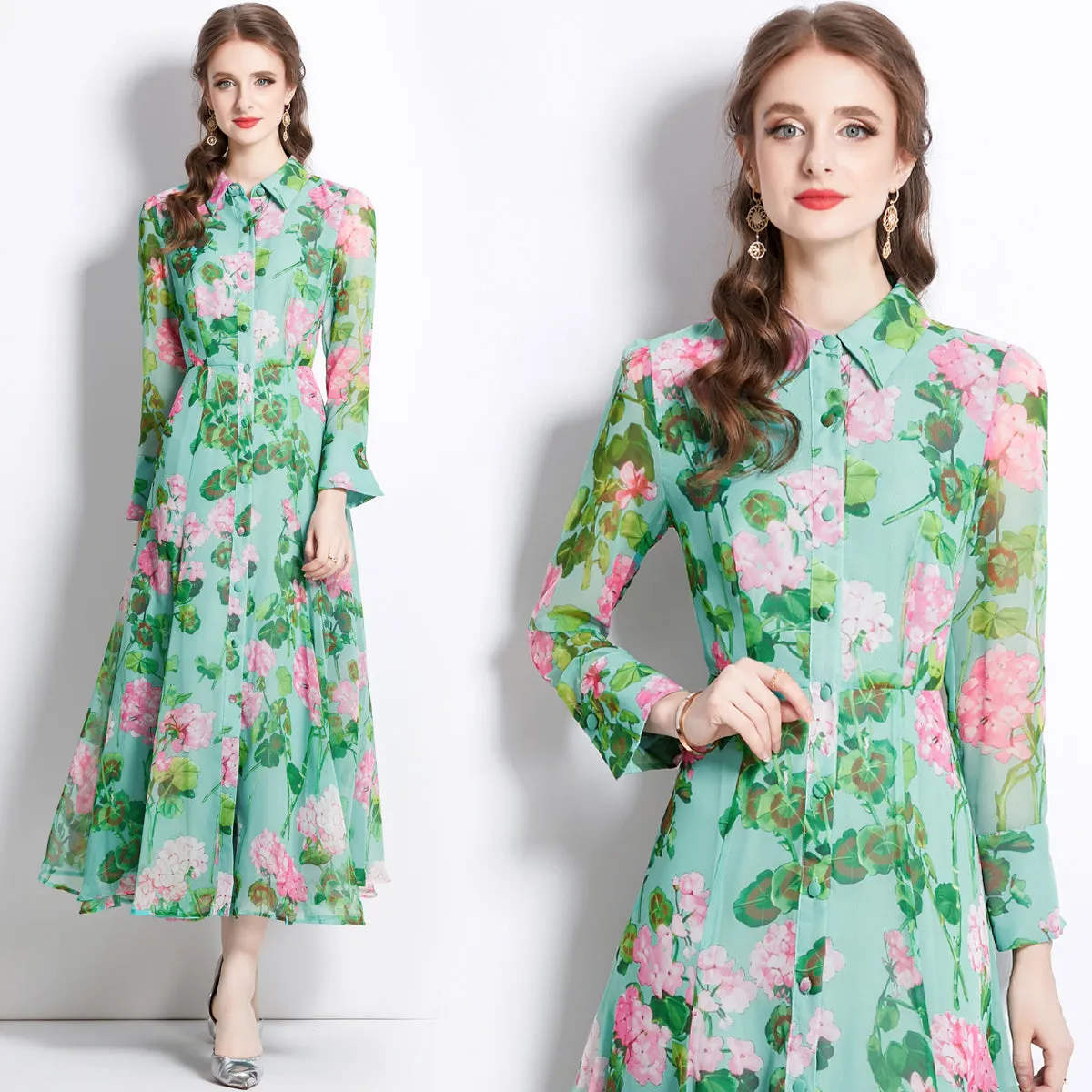 CM-DY082371 Women Elegant European Style Long Sleeve Shirt Collar Single-Breasted Dress