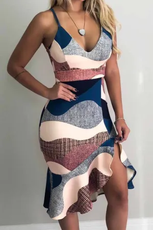 Colorblock Print Spaghetti Strap Ruffles Dress