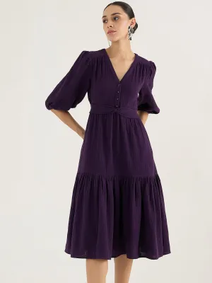 Cotton Gauze Deep Purple Knot Detail Midi Dress