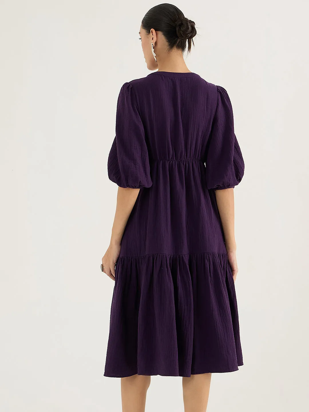 Cotton Gauze Deep Purple Knot Detail Midi Dress