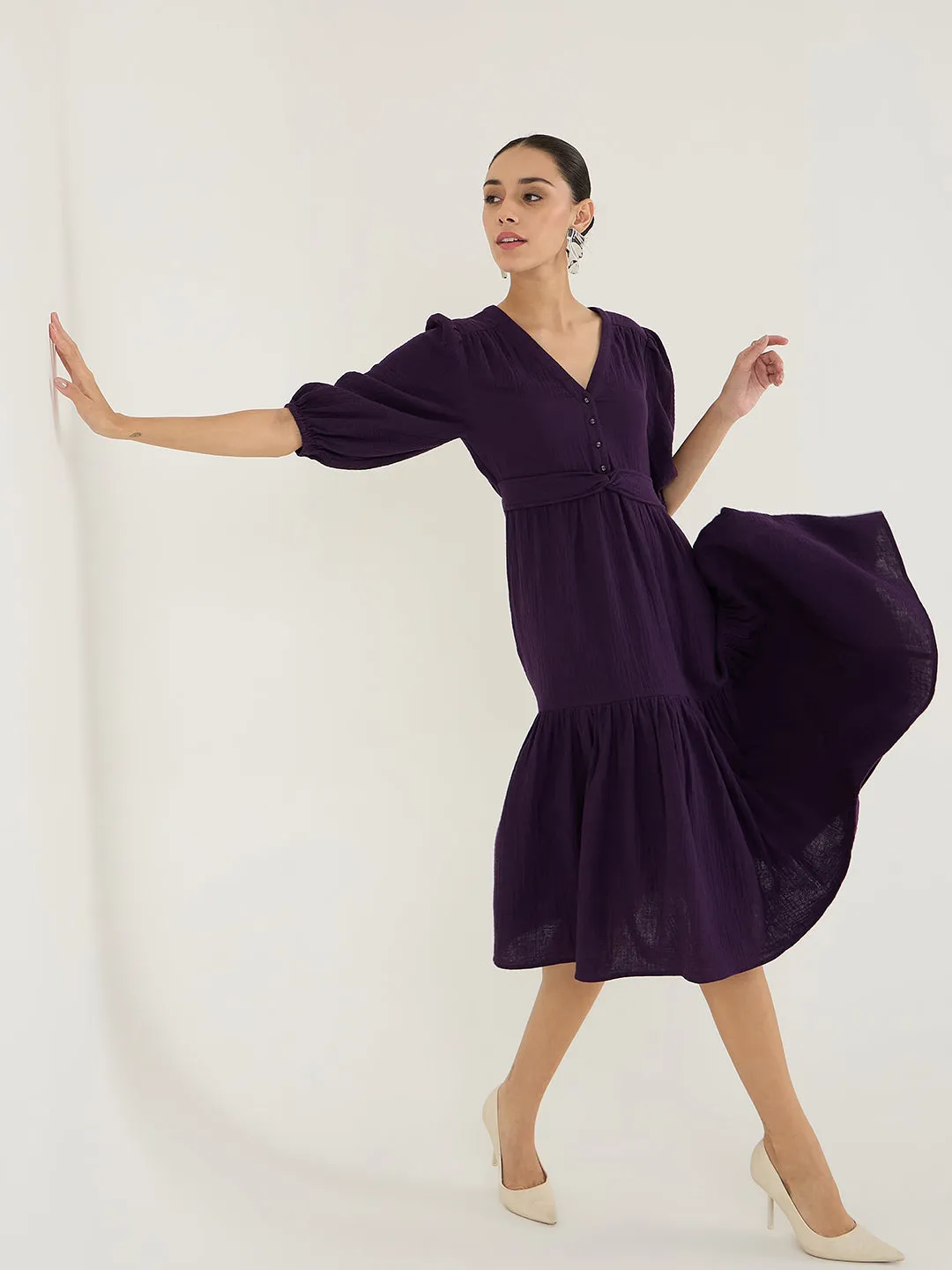 Cotton Gauze Deep Purple Knot Detail Midi Dress