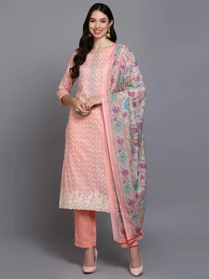Cotton Peach Printed Straight Kurta Pant With-VKSKD1907