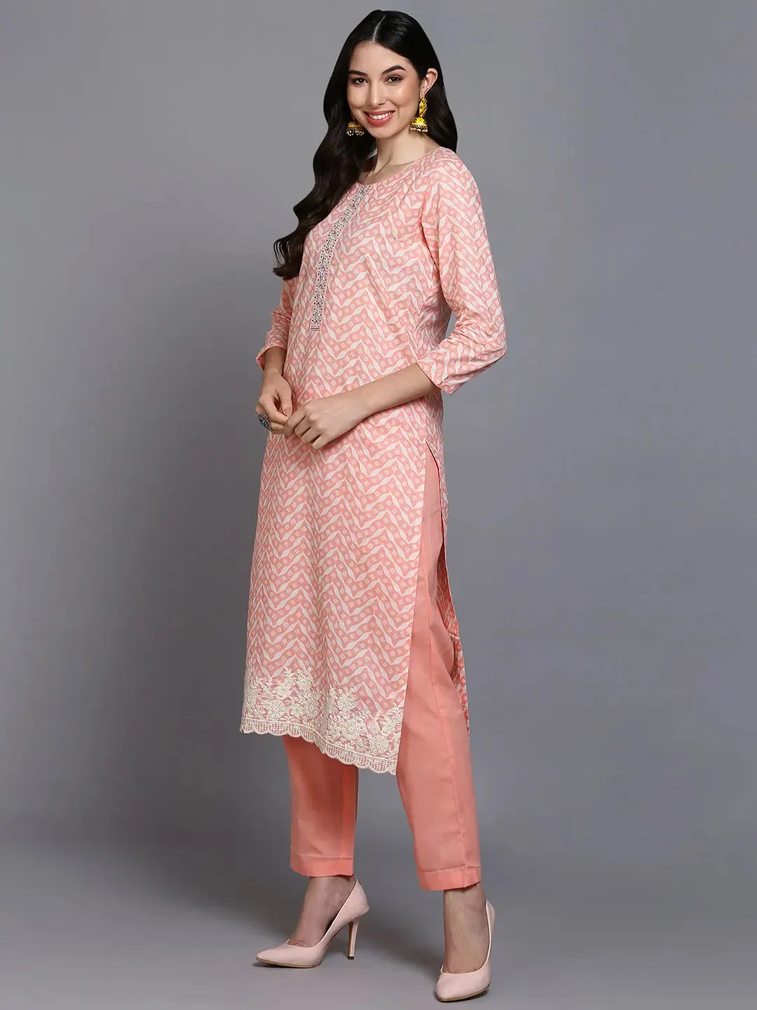 Cotton Peach Printed Straight Kurta Pant With-VKSKD1907