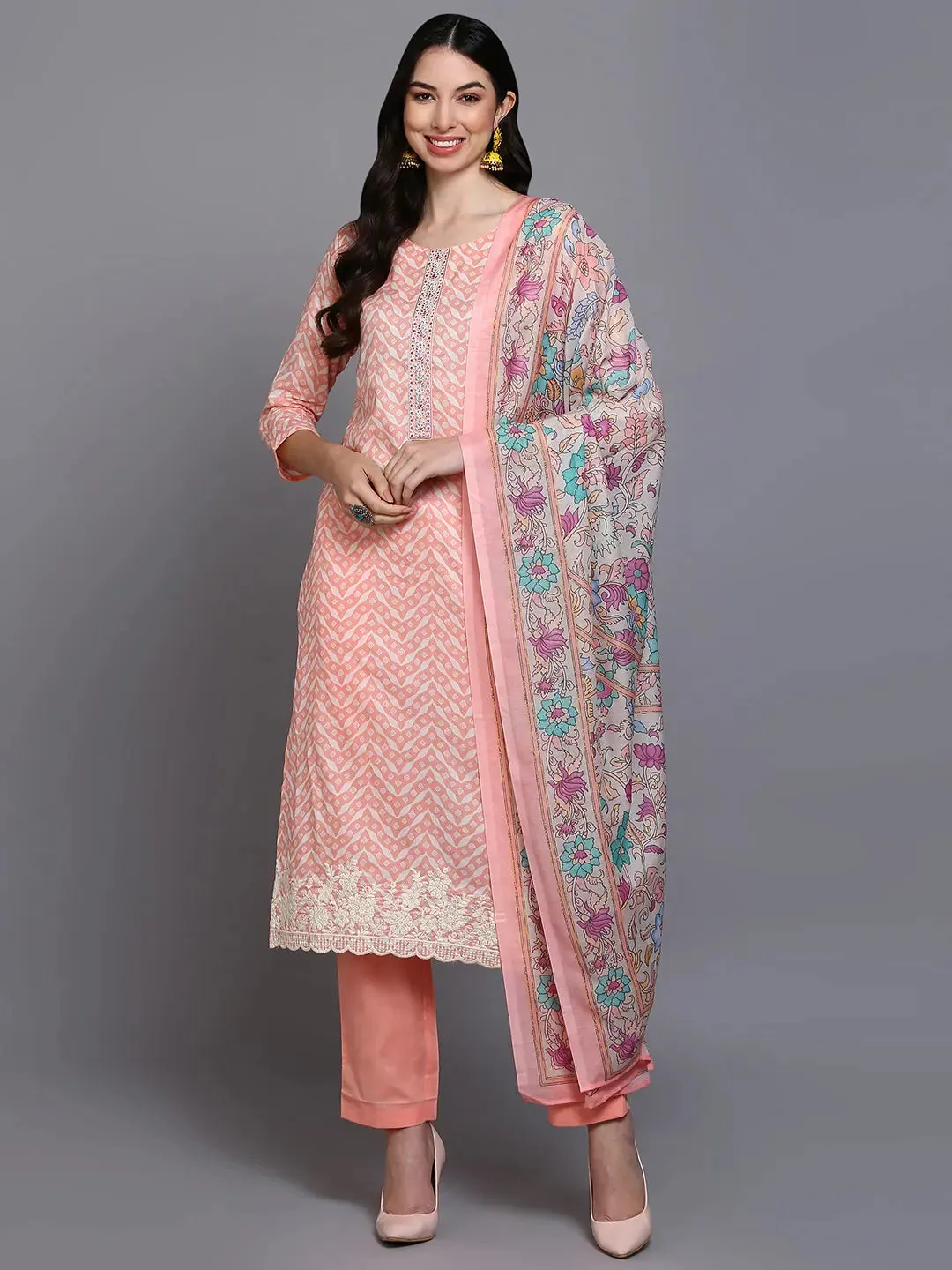 Cotton Peach Printed Straight Kurta Pant With-VKSKD1907