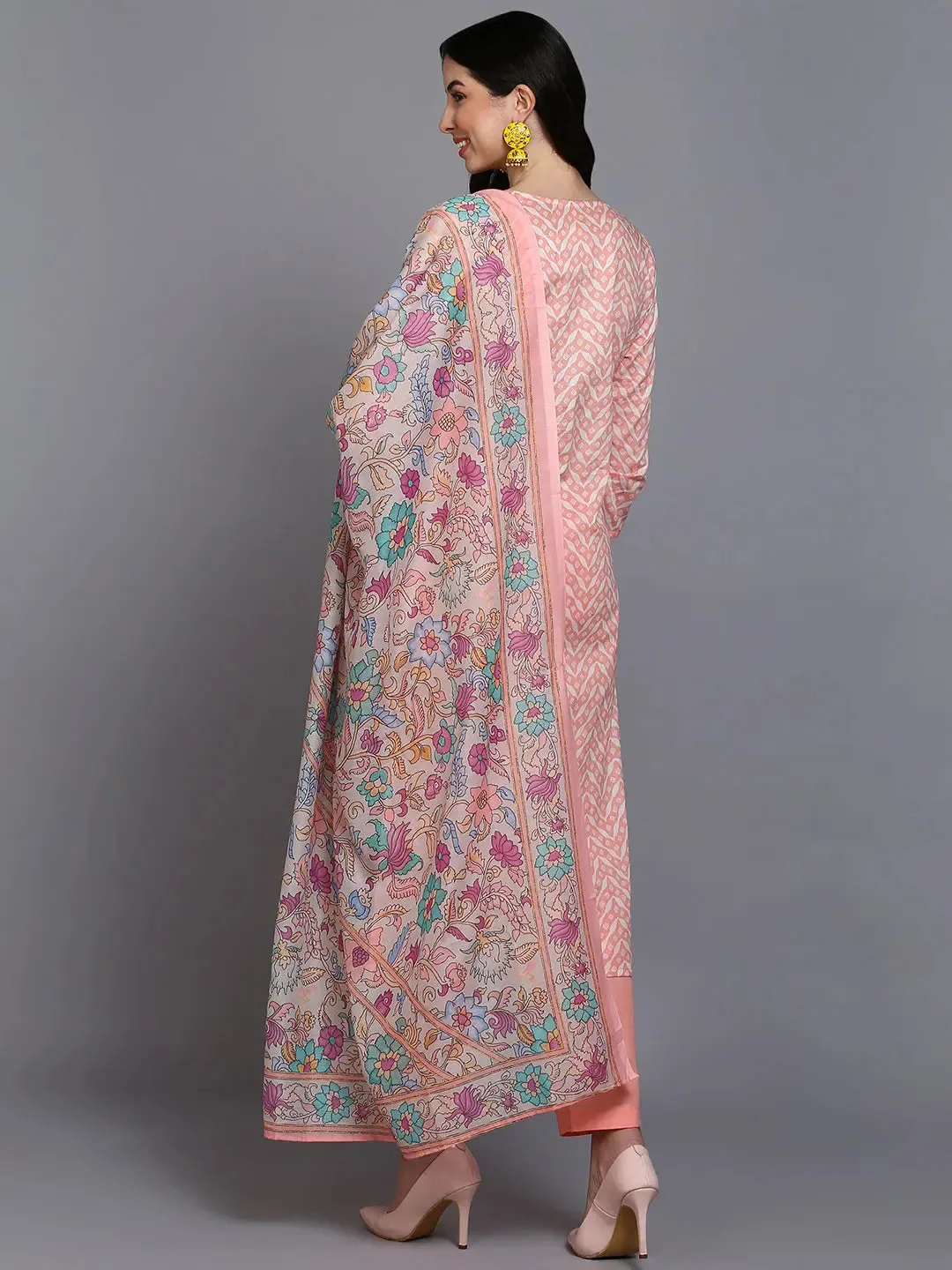Cotton Peach Printed Straight Kurta Pant With-VKSKD1907
