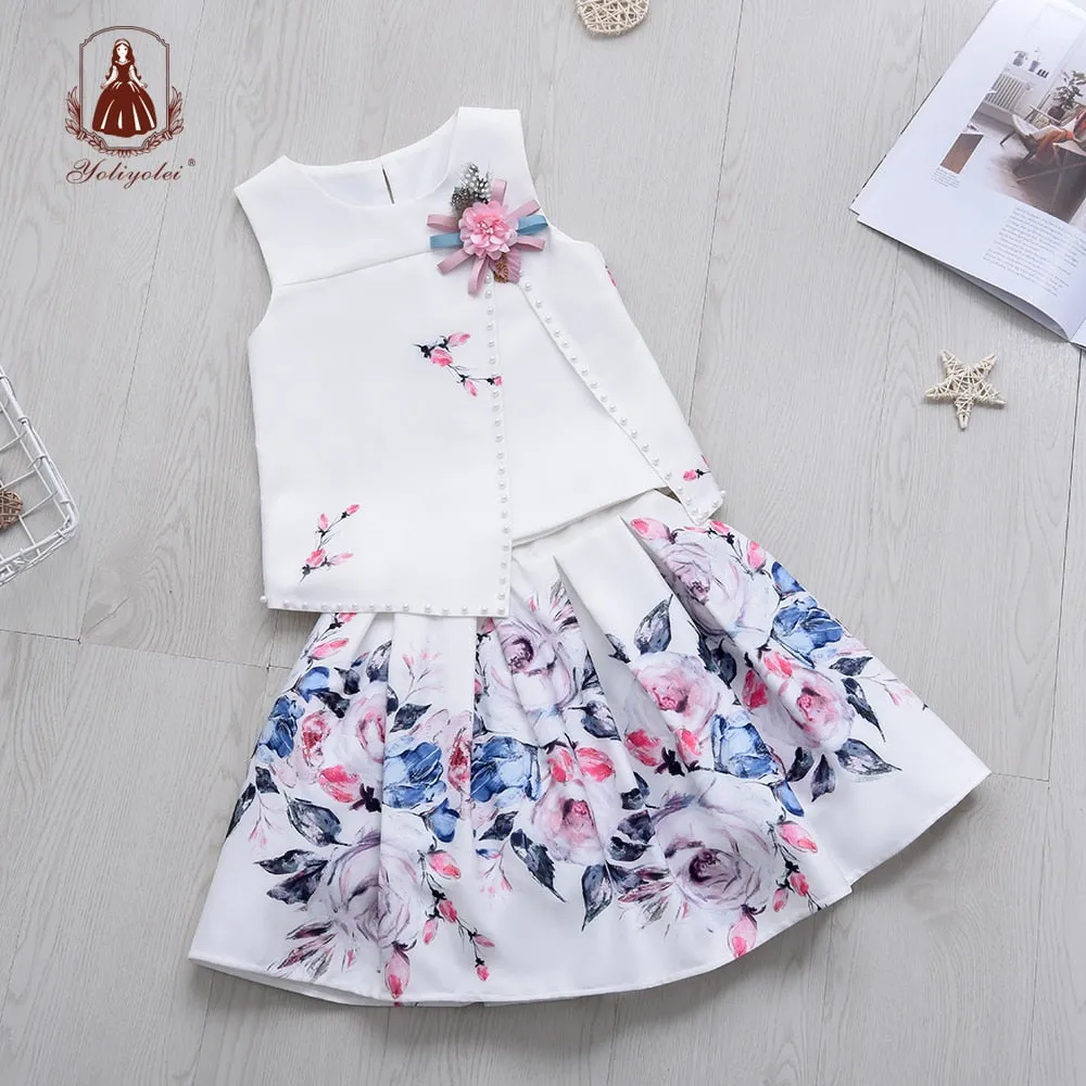 Cotton Print Suit for Girls, Skirt and Sleeveless Top from 4 to 10 Years Old