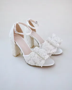 Crochet Lace Block Heel Sandals with Oversized Crochet Lace Bow