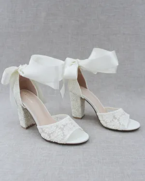 Crochet Lace Block Heel Sandals with Wrapped Ribbon Tie