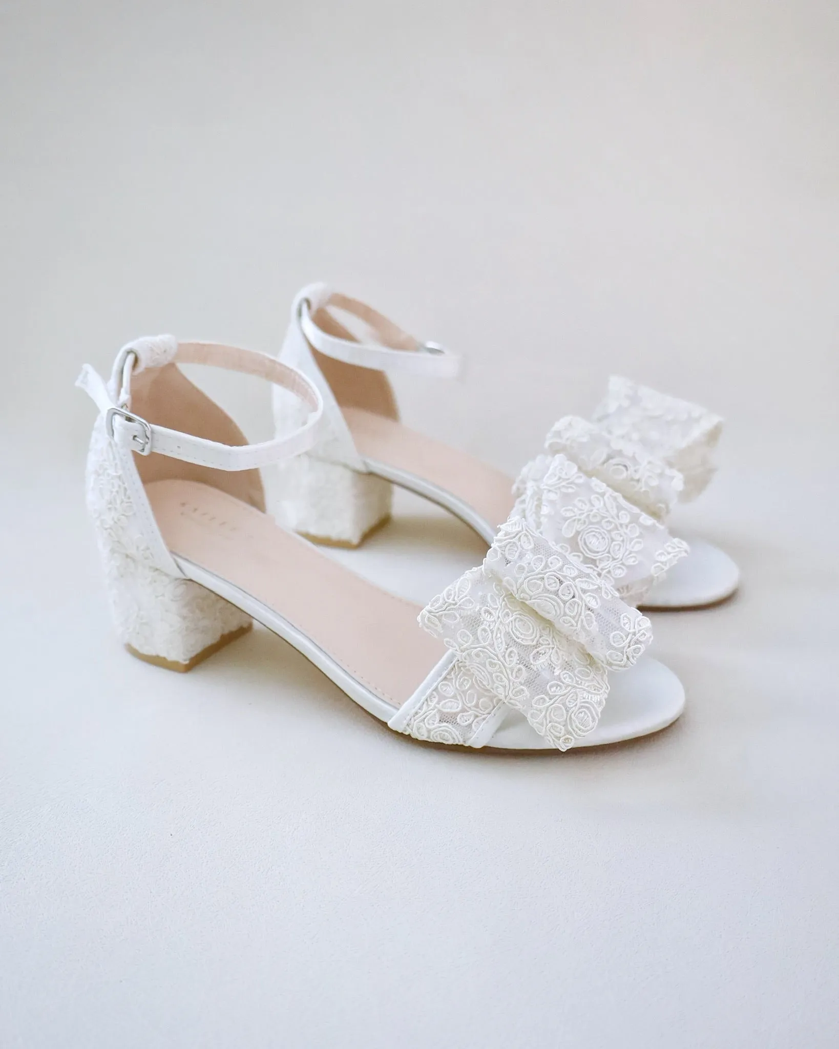 Crochet Lace Block Heel Wedding Sandals with Oversized Crochet Lace Bow