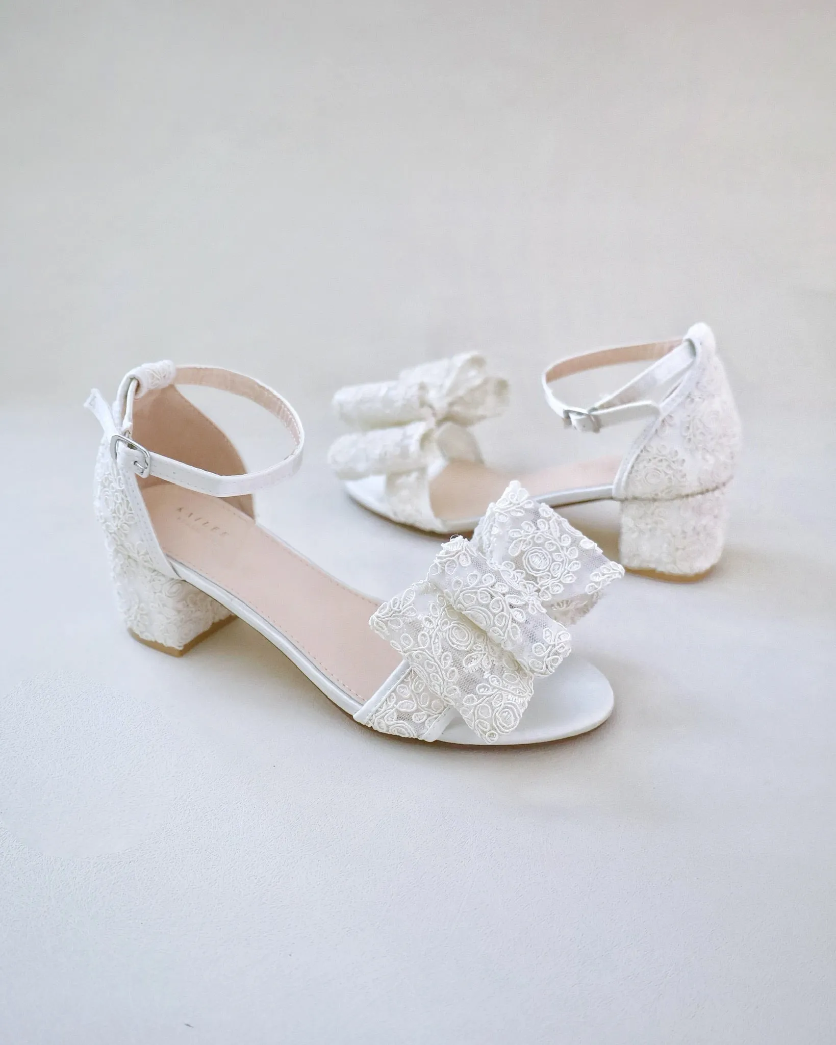 Crochet Lace Block Heel Wedding Sandals with Oversized Crochet Lace Bow